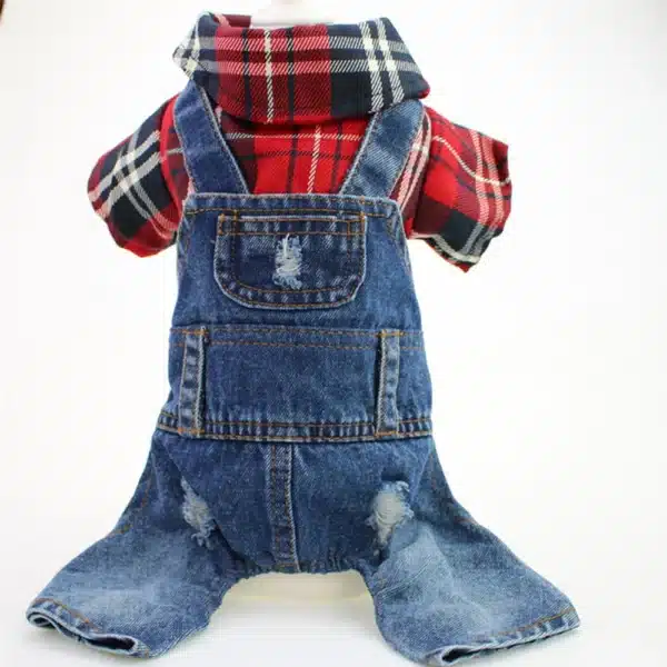 Dog Cat Denim Plaid Jumpsuit Hoodie Pet Puppy Jean Jacket Spring/Autumn Clothes Apparel 4 Colours 2