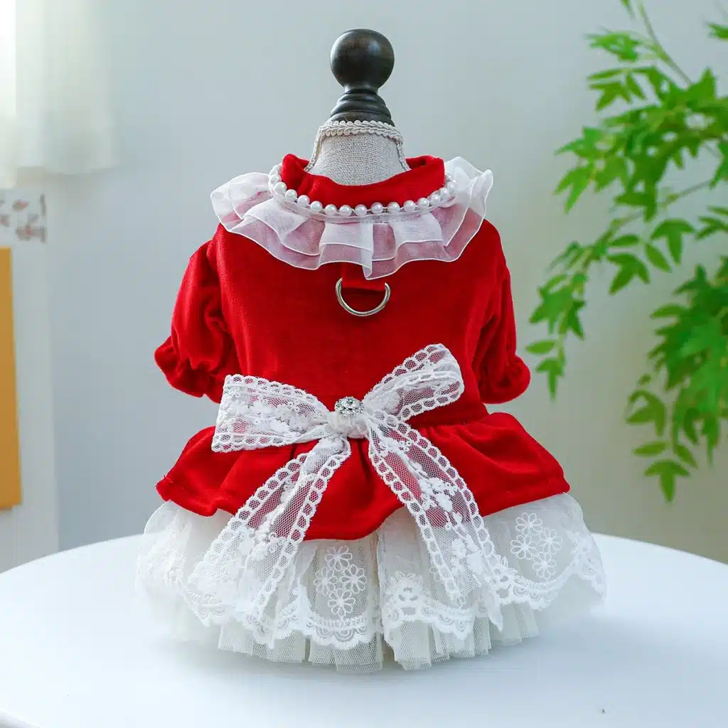 1PC Pet Apparel Dog Spring and Autumn Velvet Wedding Dress Red Princess Dress with Drawstring Buckle For Small Medium Dogs 1