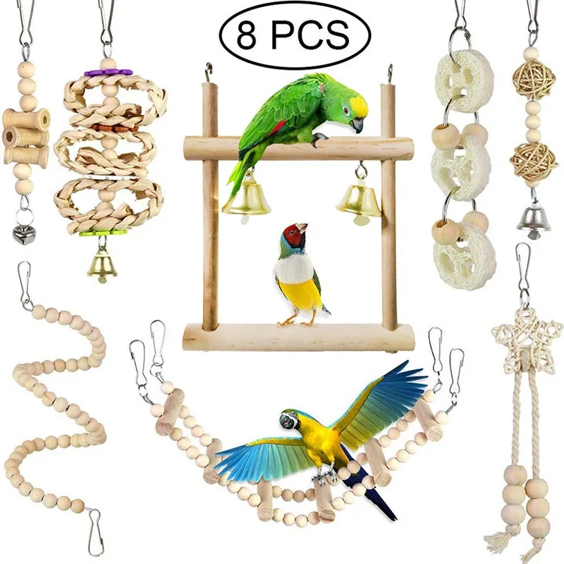 8PCS Set Combination Parrot Bird Toys Wood Articles Bite Pet Bird Toys For Parrot Training Bird Toy Swing Ball Bell Standing 1