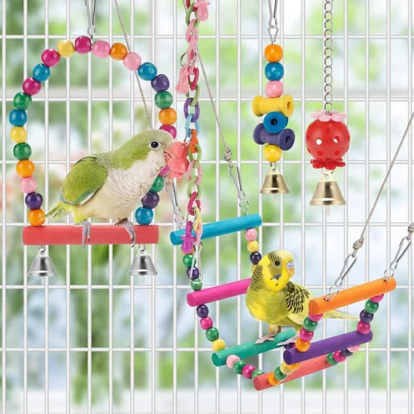 Bird Cage Toys for Parrots Wood Birds Swing Reliable Chewable Bite Bridge Wooden Beads Shape Parrot Toy 11pcs Bird Toys 5