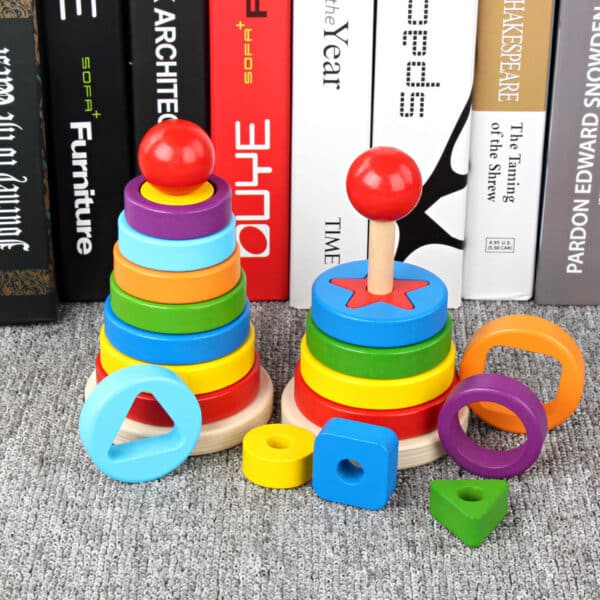 Wooden Double-layer Building Blocks Color Pile Tower Set Column - Image 3