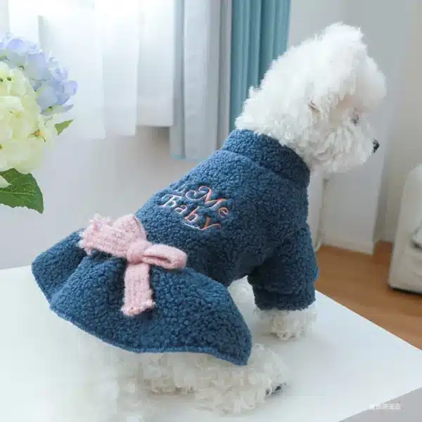 1PC Pet Apparel Cat Dog Autumn and Winter Plush Thickened Warm Blue Bow Princess Dress Suitable for Small and Medium sized Dogs 6