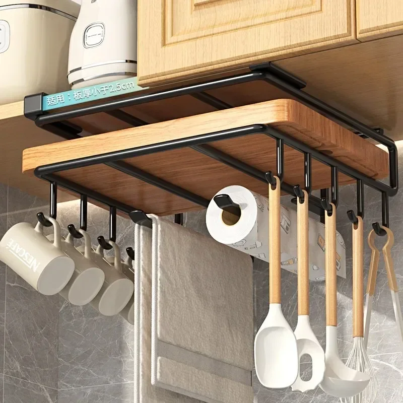 Kitchen Hanging Organizer Rack with Hooks Under Cupboard Paper Towel Rags Hanger Cutting Board Pot Cover Holder Storage Shelf 1