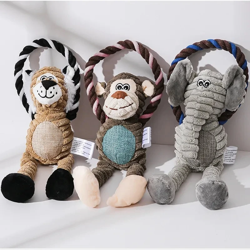 Dog Plush Toys Pet Squeaky Animal Toy Dog Bite-Resistant Clean Teeth Chew Toy Pet Supplies Interactive Toys Lion Elepant Monkey 1