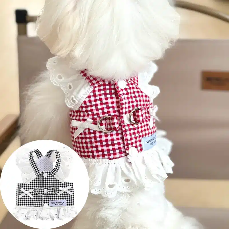 Lace Puppy Summer Clothes for Small Dogs Black Red Plaid Harness Vest Small Animal Pet Dog Chest Strap Outdoor Walking Apparel 1