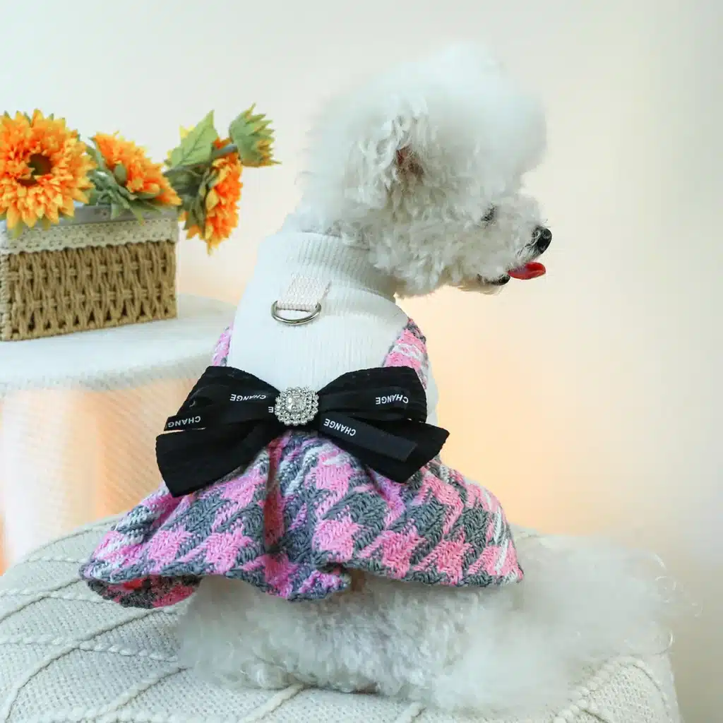 1PC Pet Apparel Dog Cat Autumn/Winter Thickened Warm Pink Classic Bow Strap Dress With Drawstring Buckle For Small Medium Dogs 1