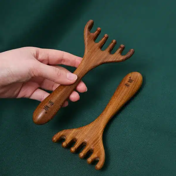 Natural Golden Sandalwood Five-Claw Scalp Massager Gua Sha Tool Back Scratcher Spa Handheld Meridian Massage Comb Hair Care 1