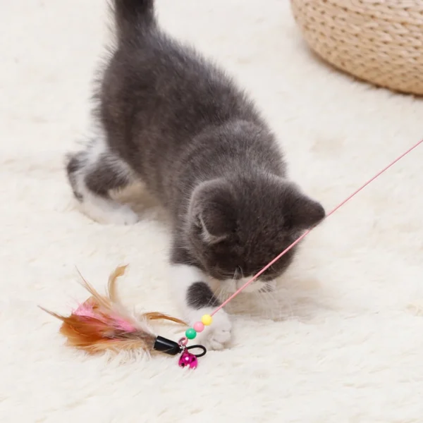 1pc Pet Teaser Cat Toy Steel Wire Feather Interactive Cat Stick Training,Kitten Wand Toys with Beads Bells 5