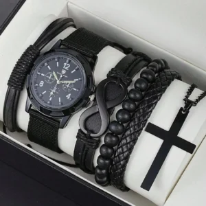 6pcs_Set Fashionable Pu Leather '8' Shape Beaded Bracelet With Mechanical Watch, Cross Pendant Necklace For Men, Black-Colored 1