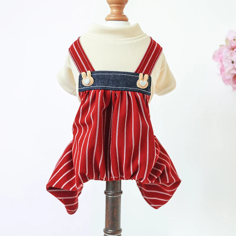 1PC Pet Apparel Dog Spring and Autumn Wine Red Striped Four legged Pants Rabbit High Waist Strap Pants For Small Medium Dogs 1