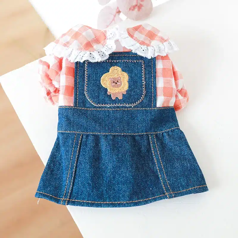 1PC Pet Apparel Dog Spring and Autumn Slim Fit Orange Plaid Lace Shirt Denim Strap Princess Dress For Small Medium Dogs 1