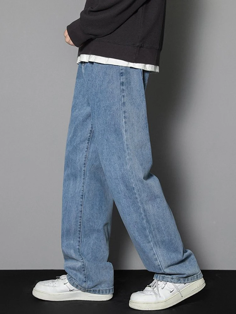 2025 New Korean Men's Casual Long Jeans Classic Man Straight Denim Wide-leg Pants Solid Color Light Blue Grey Black 3XL 1