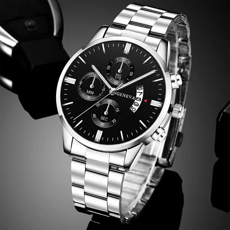 Fashion Mens Watches Luxury Silver Stainless Steel Quartz Wrist Watch Man Business Watch for Men Calendar Clock Reloj Hombre 1