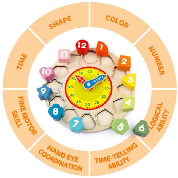 Teaching Time Number Blocks Puzzle Wooden Shape Color Sorting Clock - Image 6