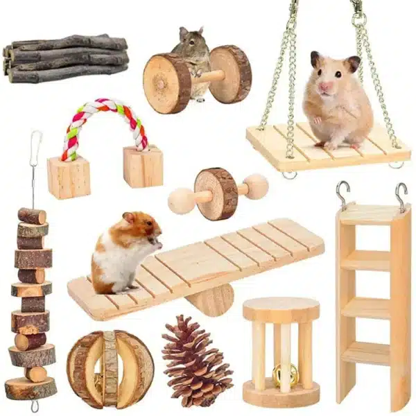 Cute Rabbit Roller Toys Natural Wooden Pine Dumbells Unicycle Bell Chew Toys for Guinea Pigs Rat Small Pet Molars Supplies 5
