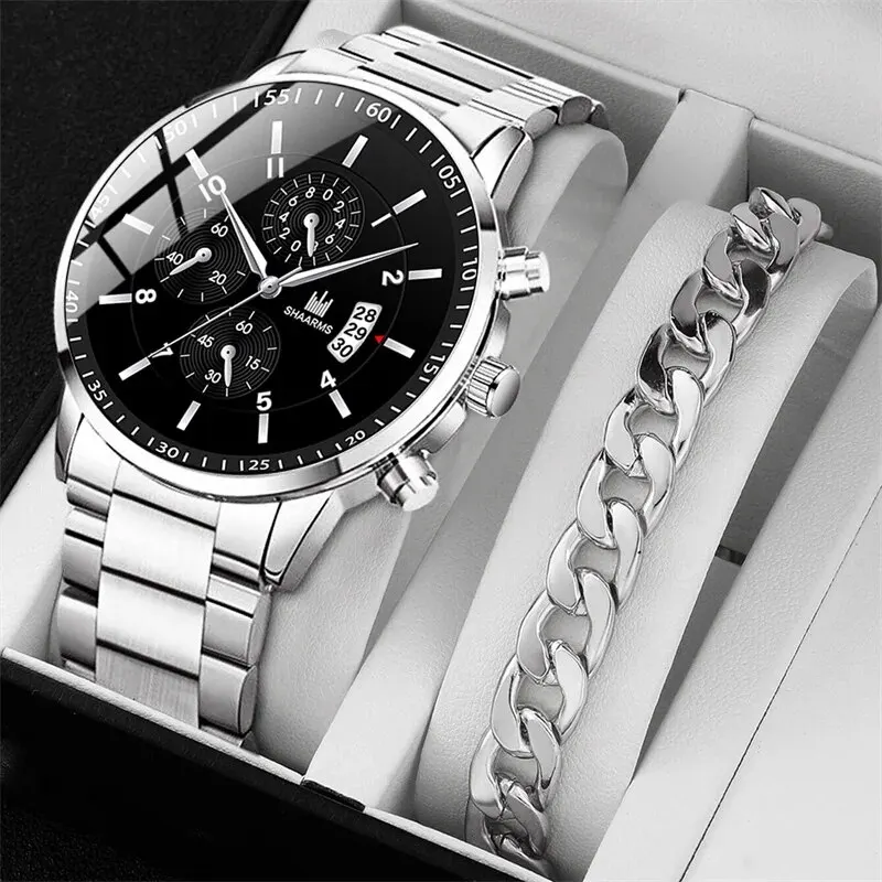 Fashion Mens Stainless Steel Watches Luxury Quartz Wristwatch Calendar Clock Men Business Casual Watch Bracelet Set Reloj Hombre 1