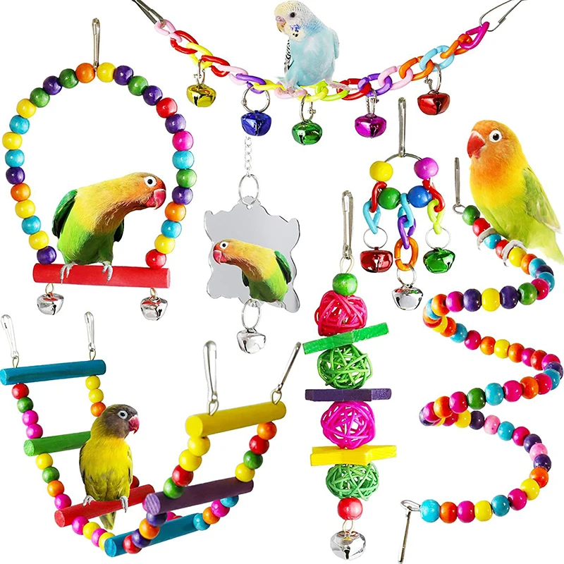 7pcs Pack Wood Parrot Toys Bird Toy Cage Bird Accessories  Swing Suspension Bridge Ball Cage Bells Pet Supplies Set 1