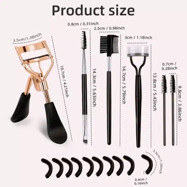Portable Eyelash Curler with 10 Silicone Pads & 1 Double-ended Spiral Eyelash Brush & 1 Eyelash Steel Comb & 1 Double-ended Eyebrow and Eyelash Comb & 2 Spiral Comb, Stainless Steel Eyelash Curler, Does Not Damage the 2