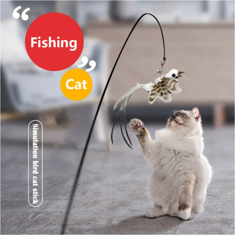 Simulation Bird Interactive Funny Cat Stick Toy Furry Feather Bird With Bell Sucker Cat Stick Toy Kitten Playing Pet Accessories 1