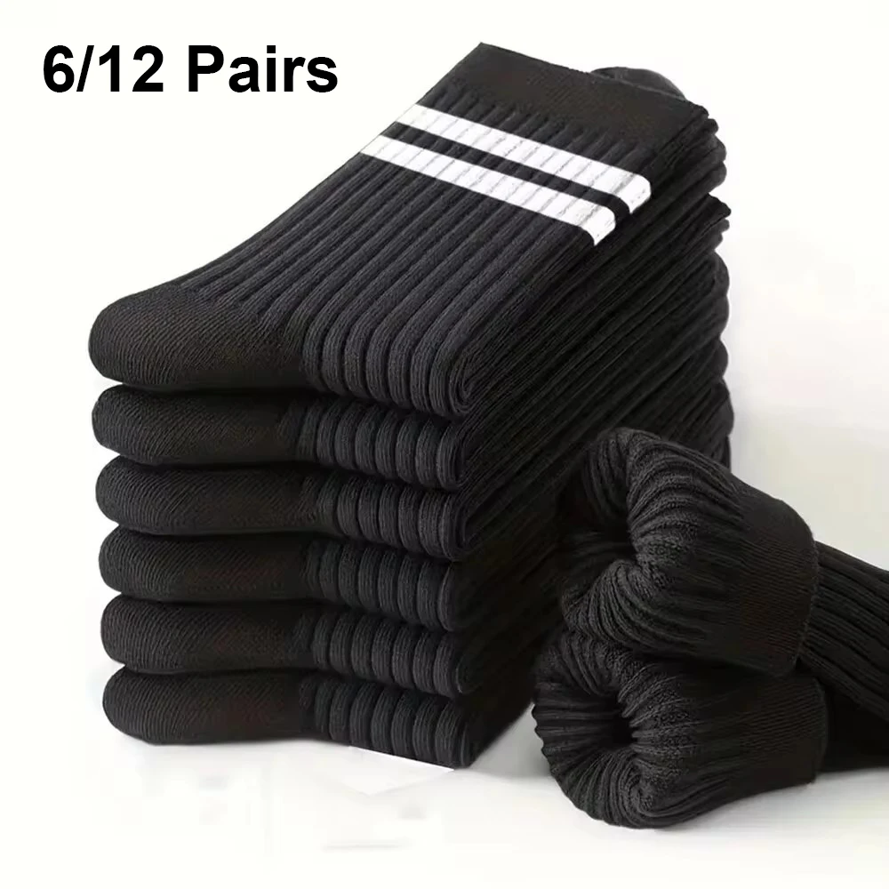 6/12 Pairs Men Socks Spring Autumn Simple Casual Black White Striped Sock Breathable Mid Tube Sock High-quality Round Neck Socks 1