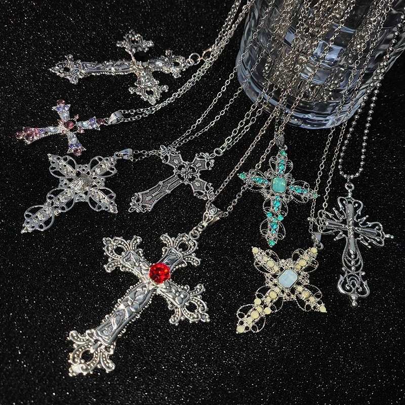 Y2K Punk Crystal Big Cross Pendant Necklaces for Women Men Gothic Irregular Cross Clavicle Chain Necklaces Aesthetic Jewelry 1