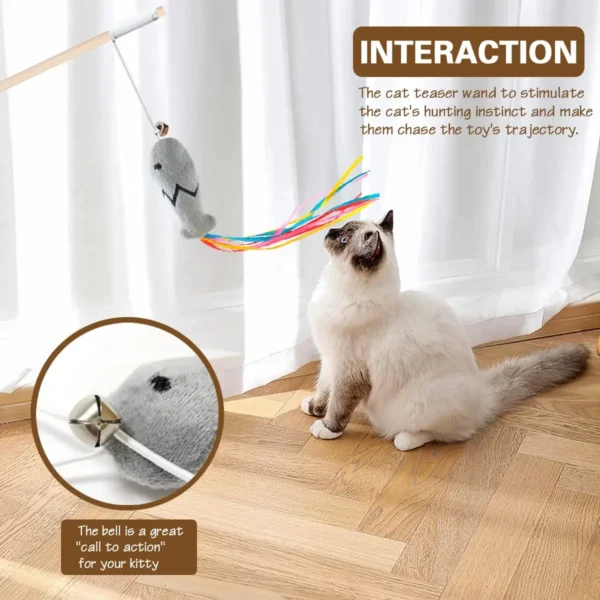 Fashion Cat Wand Toy, Natural Wooden Cat Teaser Wand for Cat, Interactive Elastic String Cat Stick Pole Toy for Indoor Cats 3