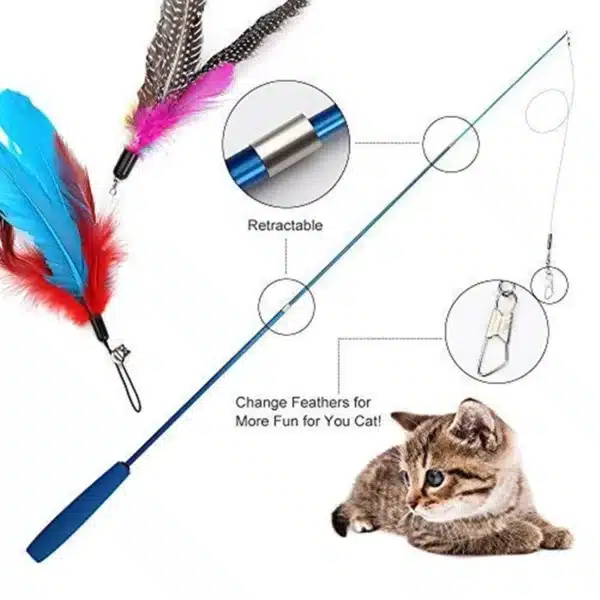 Interactive Cat Feather Toy Feather Teaser Stick Wand Pet Retractable Feather Bell Refill Replacement Catcher Product for Kitten 3