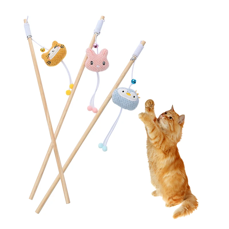 Cat toy wooden pole Cute animal shape plush cuddly cat stick with bell interactive fun pet supplies 1