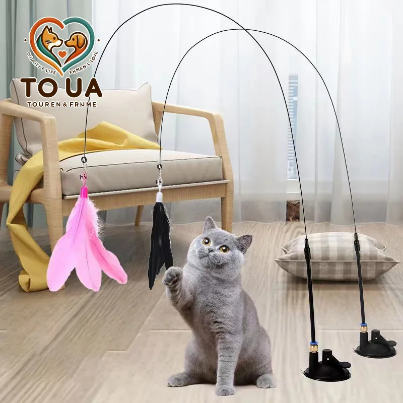 Cats Toys Feathers Wand Interactive Toy Kitten Toys with Super Suction Cup Detachable 2 PCS Feather Replacements Cat Accessories 1