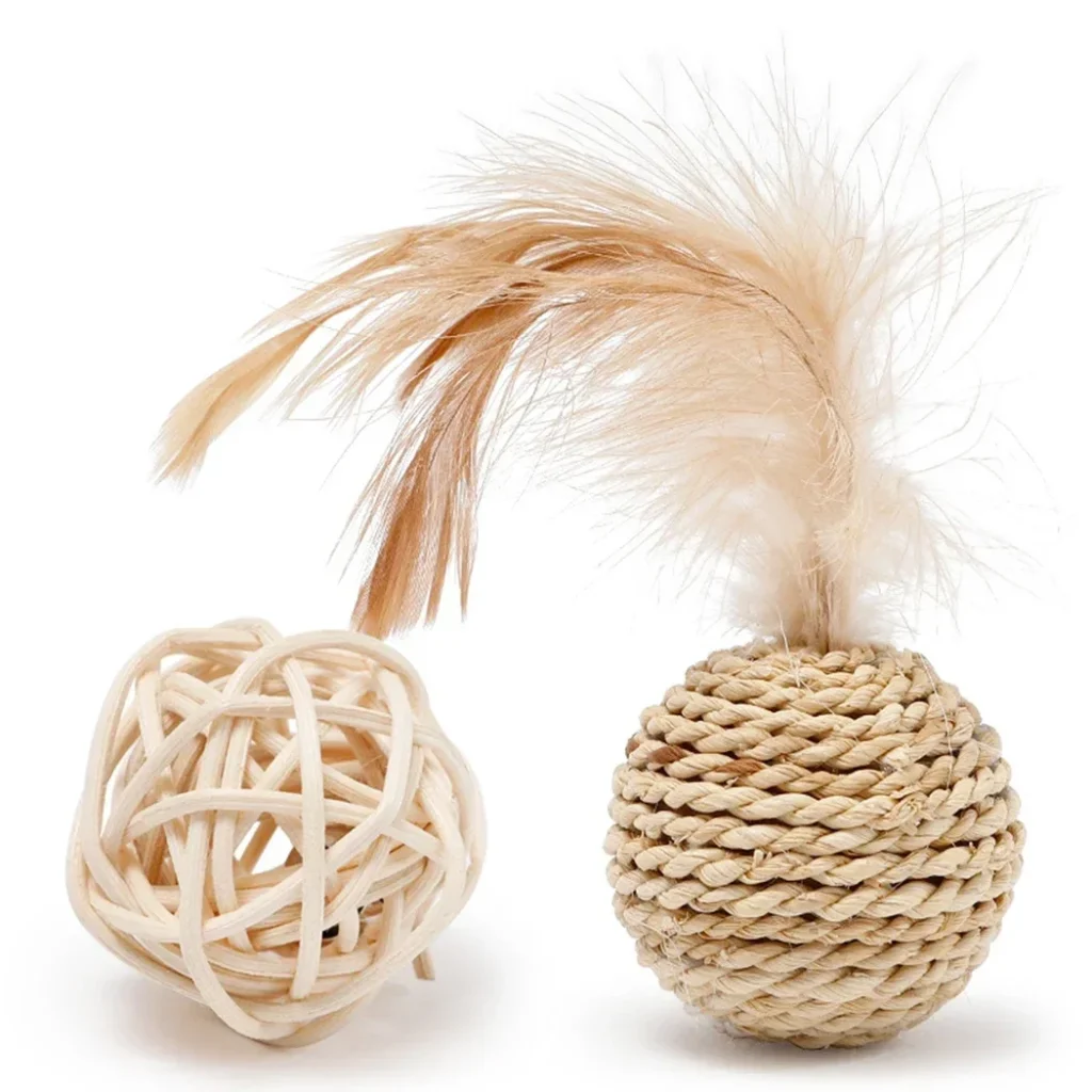 2pcs Cat Toy Pet Rattan Ball Cat Toy Funny Faux Feather Cat Bell Ball Kitten Playing Interactive Ball Toys Pet Supplies 1