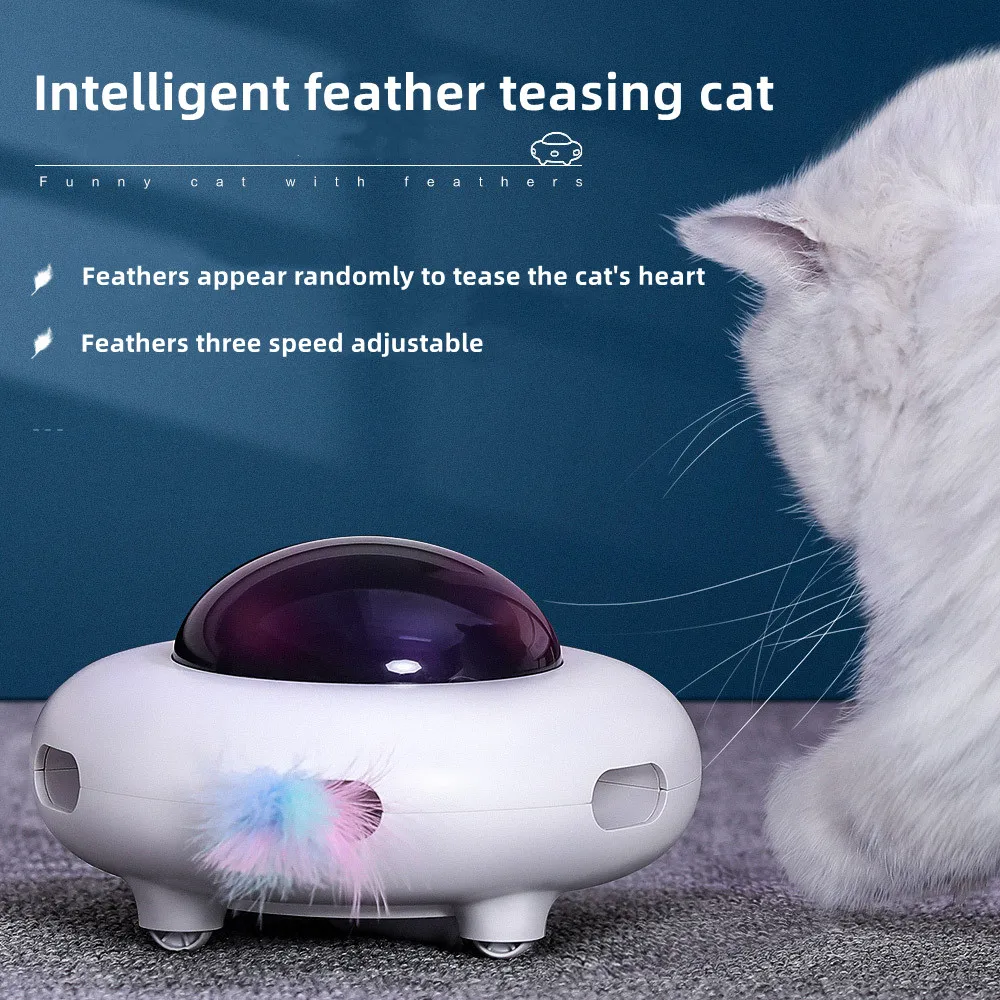 Cat Toy Smart Teaser UFO Pet Turntable Catching Training toys USB Charging Cat Teaser Replaceable Feather Interactive Auto 1