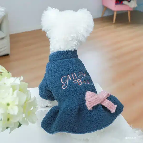 1PC Pet Apparel Cat Dog Autumn and Winter Plush Thickened Warm Blue Bow Princess Dress Suitable for Small and Medium sized Dogs 2