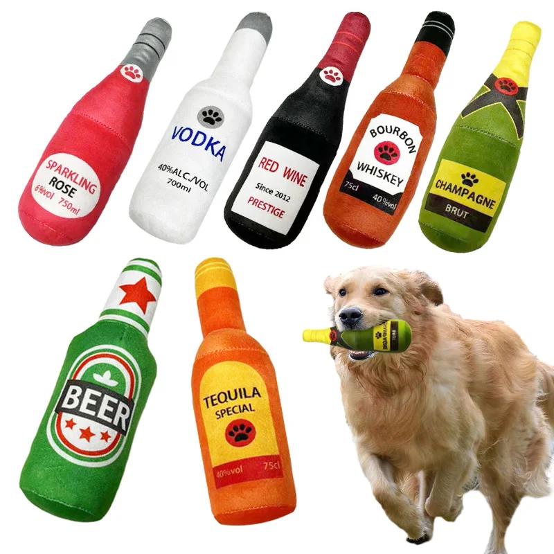 Funny Plush Dog Toys Beer Bottle Shaped Small Large Dogs Squeak Sound Clean Teeth Chew Toy Pets Interactive Playing Supplies 1