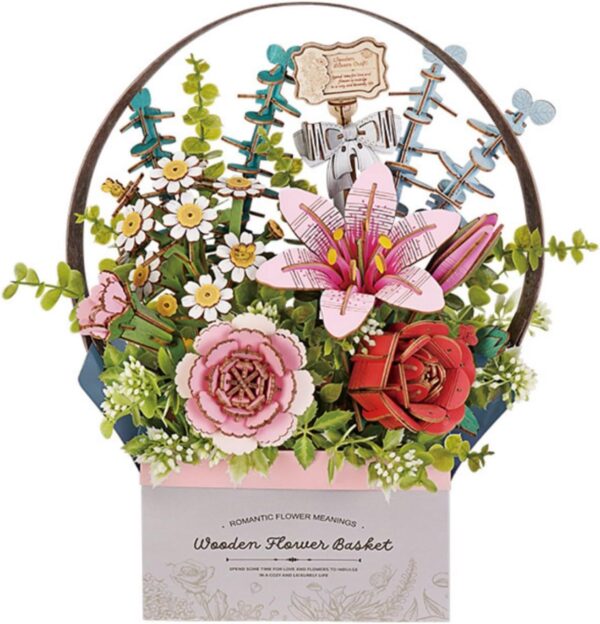 ROWOOD 3D Puzzle Wooden Flowers With Basket Artificial Flower Model Kits For Adults Kids To Build Creative Craft Gifts For Chrismas Anniversary Birthday