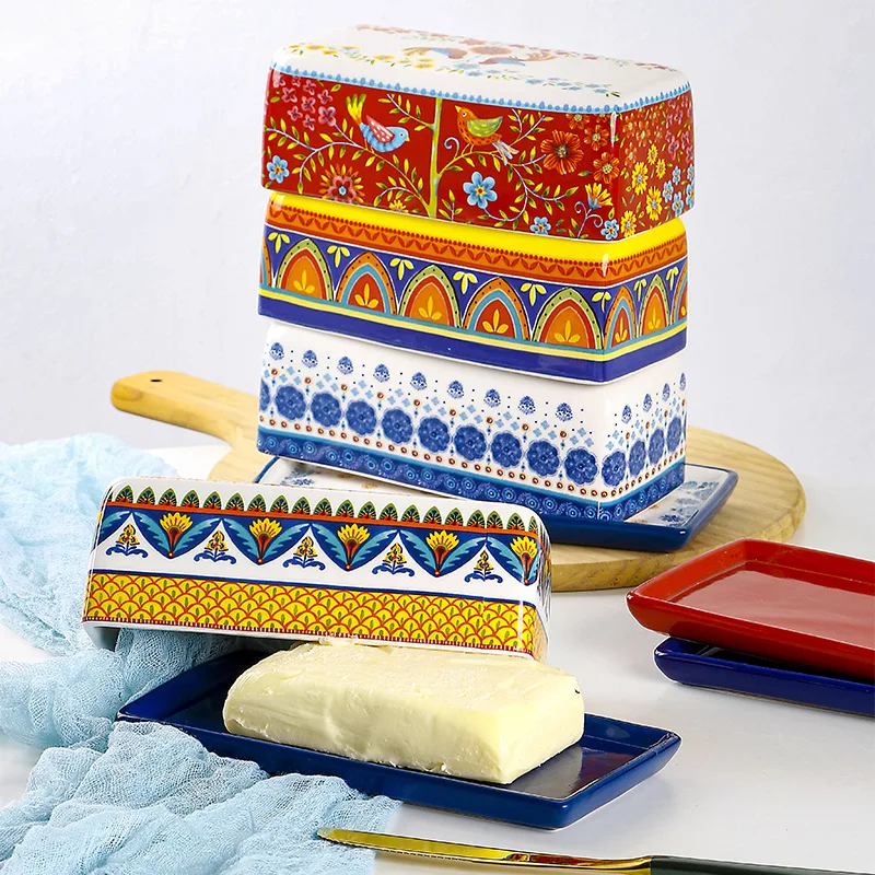 Bohemian Style Butter Container Ceramic Box Restaurant Sealed Storage Box Cheese Boxs Butter Slicer Butter Dish Tableware