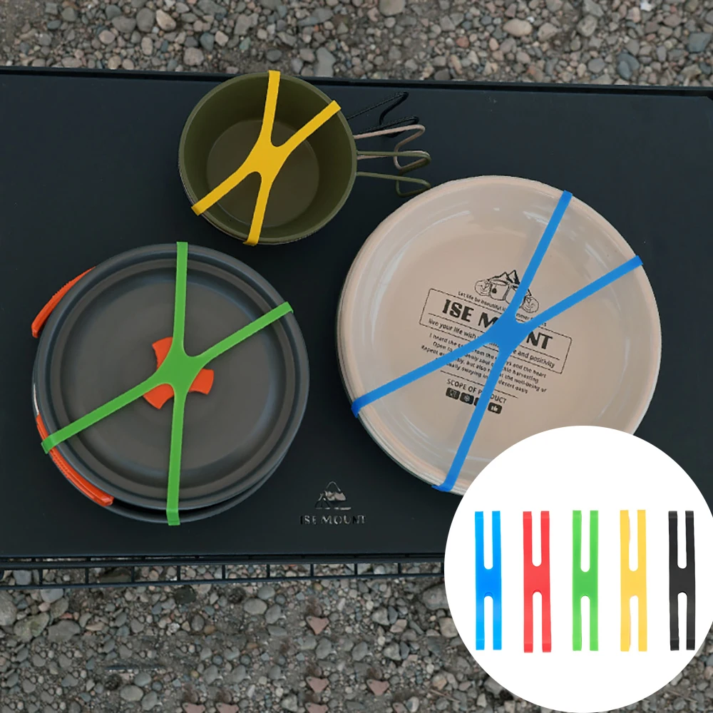 5PC Outdoor Camping Tableware Storage Silicone Strap H-shaped Elastic Color Tie Cutlery Cross Strap Cutlery Packing Strap Tool