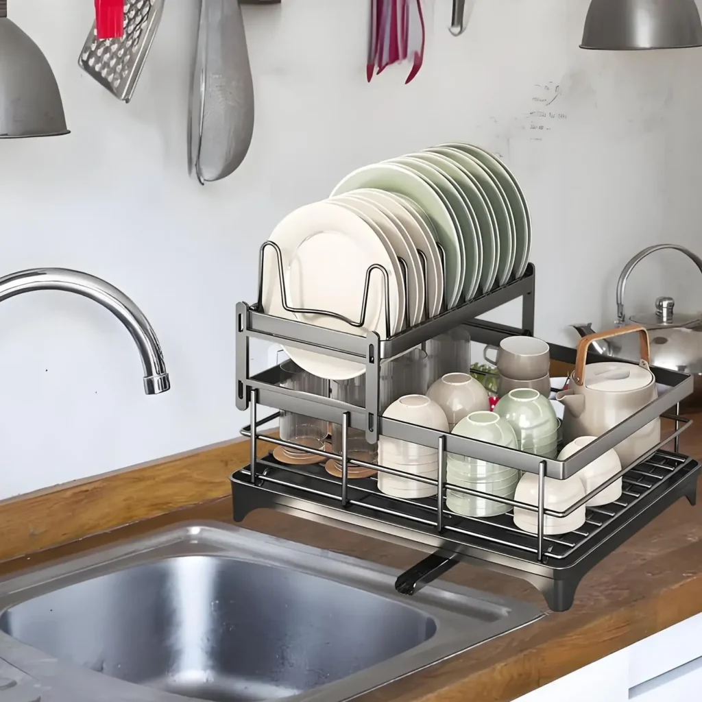 2-Tier Dish Drying Rack With Drainer Anti-Rust Kitchen Counter Tableware Drainboard Storage Organizer Supplies For Dishes
