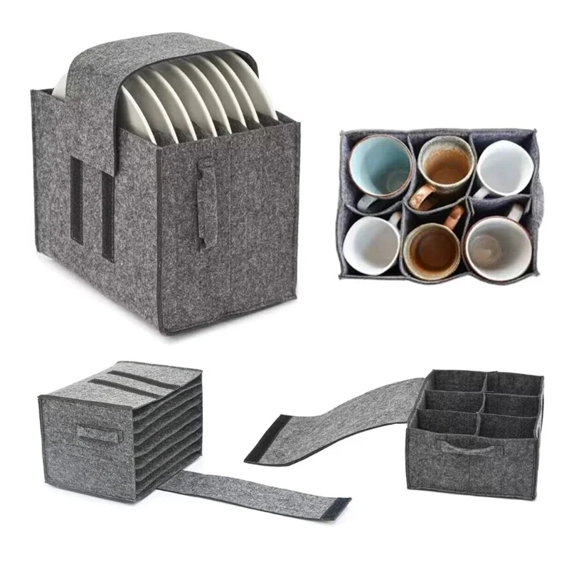 Felt Plate Dish Cup Storage Bag Holder Thicken Camping Tableware Containers Motorhome Kitchen Cupboard Layered Organization