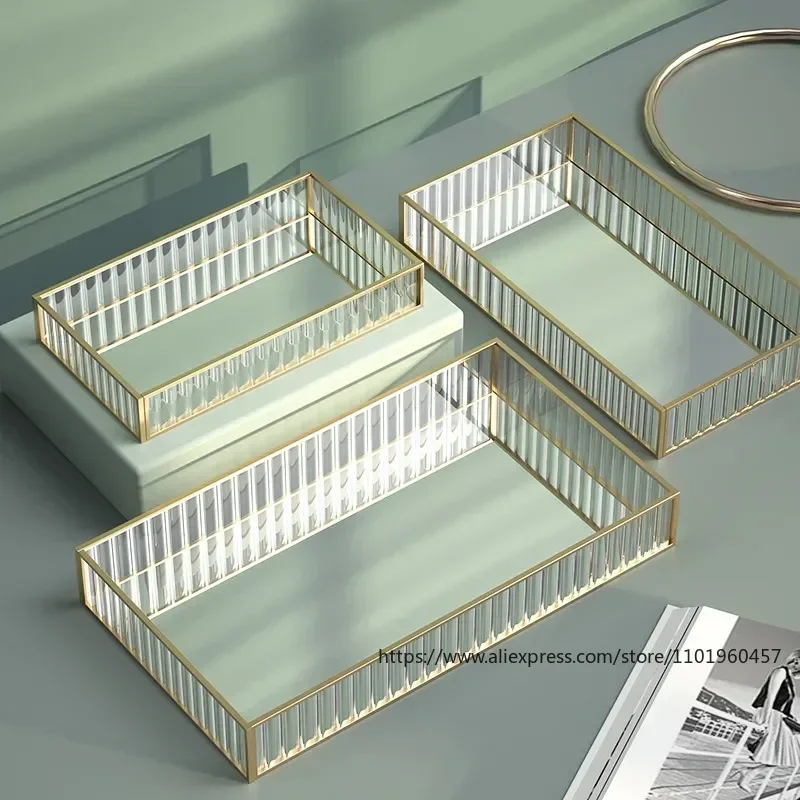 Stripe Glass Desktop Organizer Tray Decorative Brass Storage Plate Houseware Receptacle for Tableware Cosmetics Jewelry Snacks