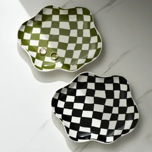 Nordic Chessboard Ceramic Plate Irregular Black and White Lattice Storage Tray Home Decoration Kitchen Supplies Retro Tableware - Image 2