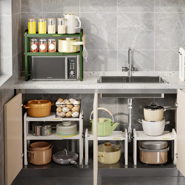 High Quality Storage Rack Retractable Microwave Shelf with 2Hooks For Kitchen Cabinet Tableware Supplies Organizer Storage Shelf - Image 3