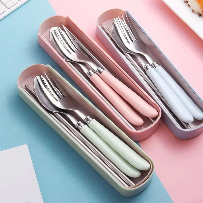 Color PP Stainless Steel Fork Chopsticks Spoon Set Portable Worker Student 3pcs Tableware Set with Storage Box Travel Supplies