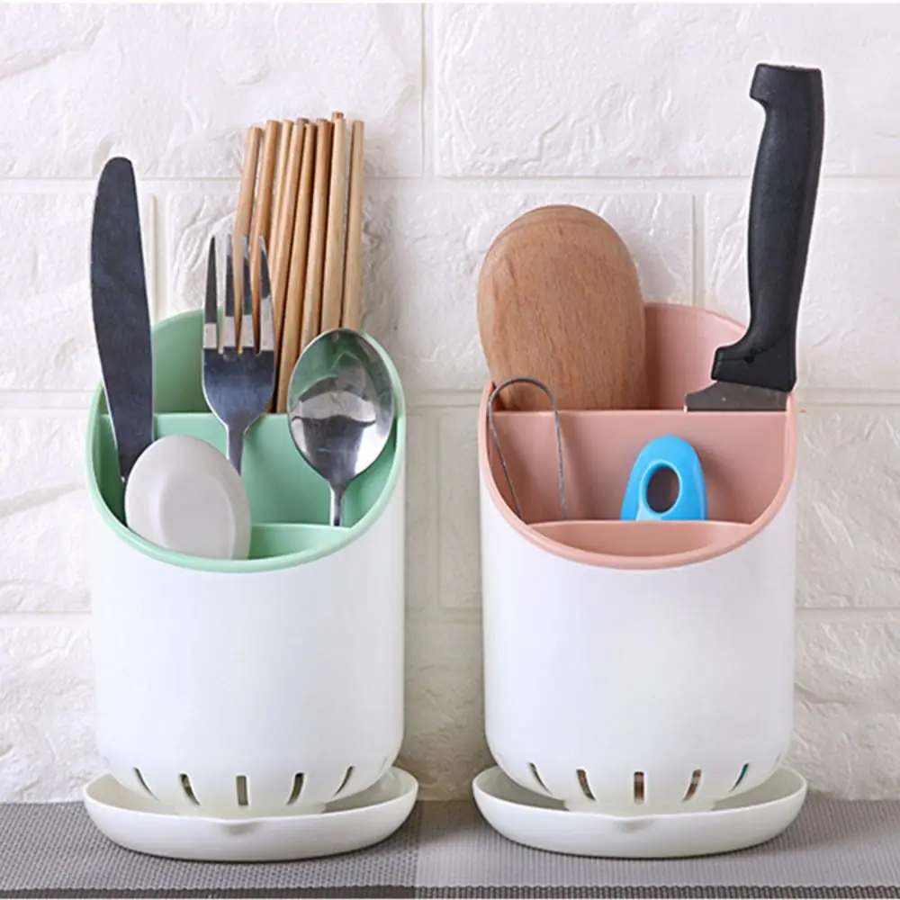 Space Saving Tableware Storage Rack with Tray Large Capacity Scoop Spoon Cage Detachable Drainage Hole Chopstick Holder
