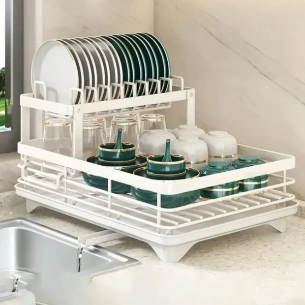 2-Tier Dish Drying Rack With Drainer Anti-Rust Kitchen Counter Tableware Drainboard Storage Organizer Supplies For Dishes - Image 2