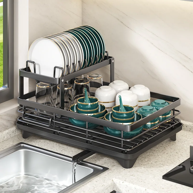 Double-layer Kitchen Dish Bowl Drying Rack with Drainboard Countertop Dinnerware Organizer Chopsticks Chopping Basket Drain