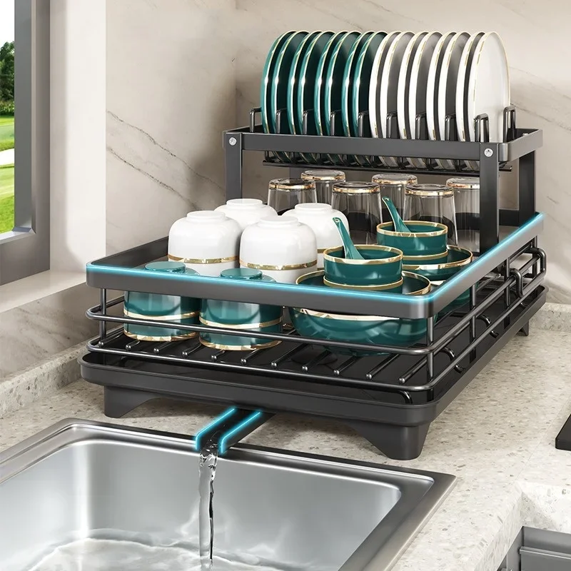 Carbon Steel Dish Drainer Rack Kitchen Plate Bowl Chopsticks Storage Rack with Drainboard Sink Countertop Tableware Storage Rack