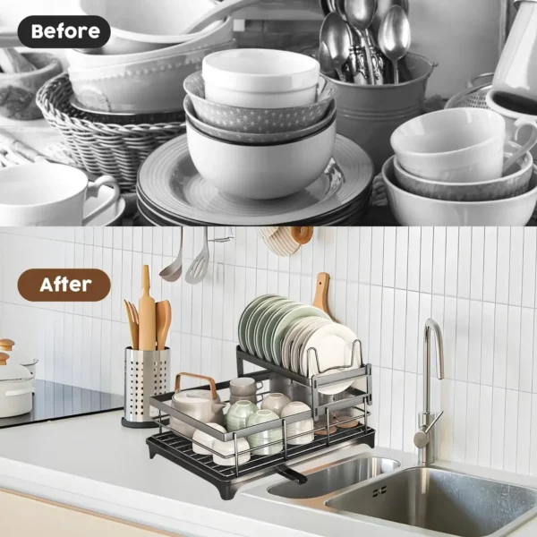 2-Tier Dish Drying Rack With Drainer Anti-Rust Kitchen Counter Tableware Drainboard Storage Organizer Supplies For Dishes - Image 4