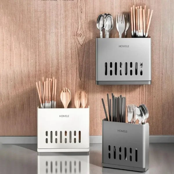 Wall Mounted Chopsticks Tube Fashion Drain Self Adhesive Tableware Storage Box Plastic Space-Saving Chopsticks Holder Spoon - Image 2