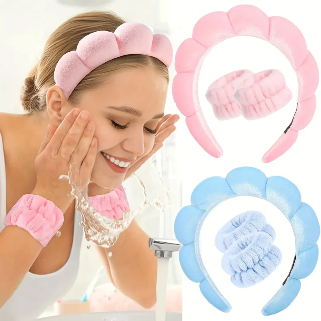 Fashionable Face Washing Headband Wristband Set, Soft and Absorbent Face Washing, Plush Headband for Makeup Skin Care Spa