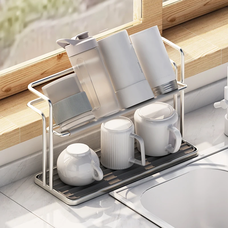 Kitchen Stainless Steel Double-layer Water Cup Rack Hanging Upside Down Teacup Storage Rack Household Tray Shelf